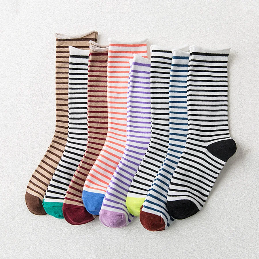 Носки для женщин с тонкими полосками, хлопковые Повседневные носки, 8 цветов, цветные женские носки в стиле пэчворк, размер 36-40