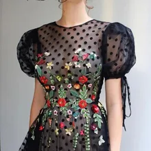 Винтажные платья в горошек Черное длинное вечернее платье элегантные вышитые 3D Цветочные аппликации Формальные платья пышные рукава Выпускные платья
