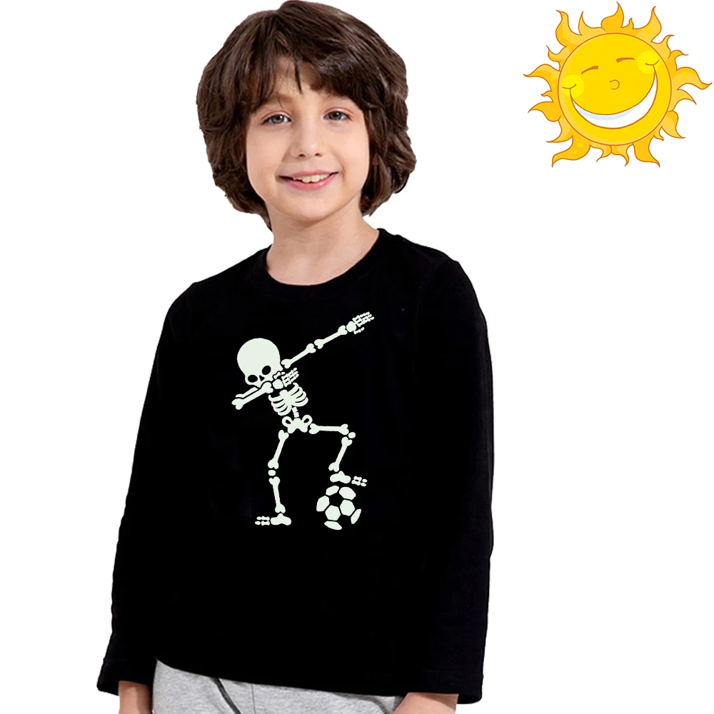Светящаяся футболка для детей с принтом в виде черепа и черепа светящаяся в темноте футболка с длинными рукавами для маленьких мальчиков и девочек модная детская футболка