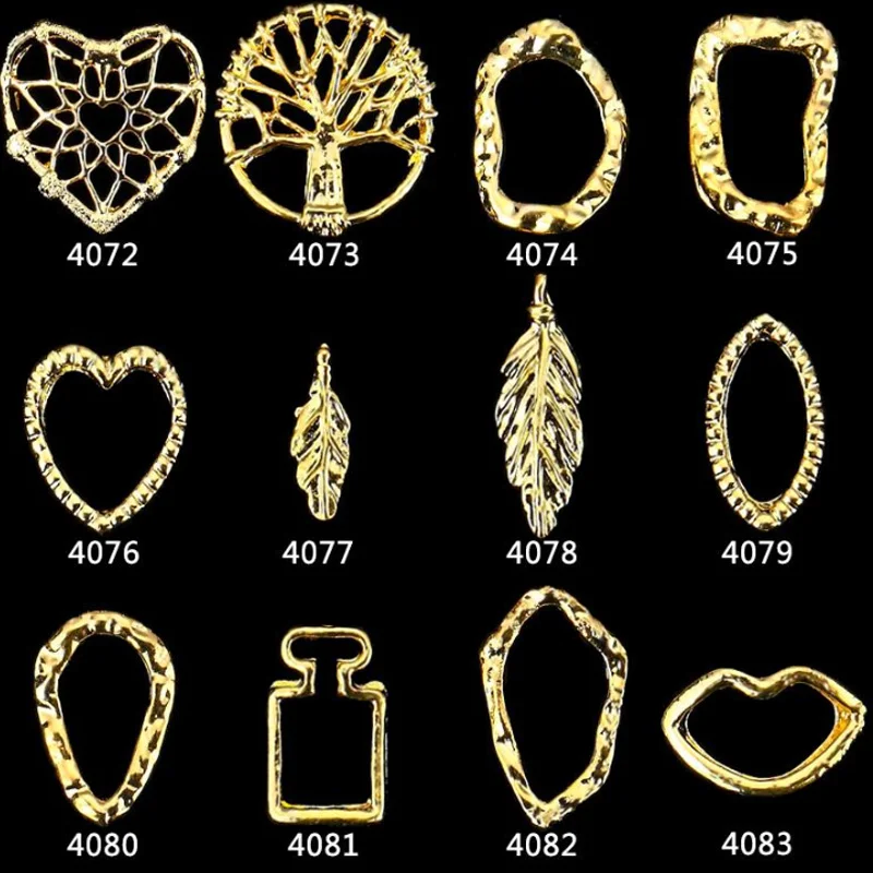 10 Pcs Gold Hollow Multi-Shapes Three-dimensional Frame 3D Metal Alloy Nail Art Charms Manicure Nail Art Accessory 4072-4083