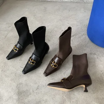 

News Shoes Woman Pointed Toe Boots Woman Thin High Heels Mid Calf Botas Mujer Stretch Zapatillas Mujer Winner Concise Shoes