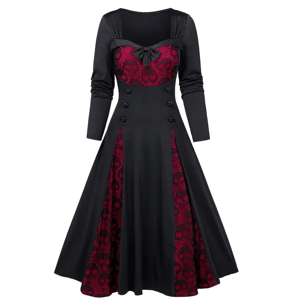 Платья винтажные женские плюс размер Хэллоуин готическая одежда Череп кружева вставки макет Кнопка бант платье роковой#35