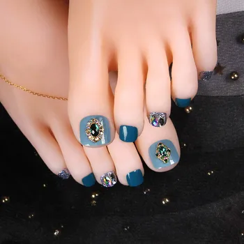 

24pcs/box with 2g glue new styles Summer Blue Fake ToeNails Short Full Cover Wearable Detachable Glitter Diamond Toenail Tips