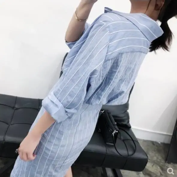 Новинка осени, женское винтажное платье-рубашка с высокой талией, в полоску, элегантное, миди, длинное платье с поясом для женщин, черный, розовый, LM15