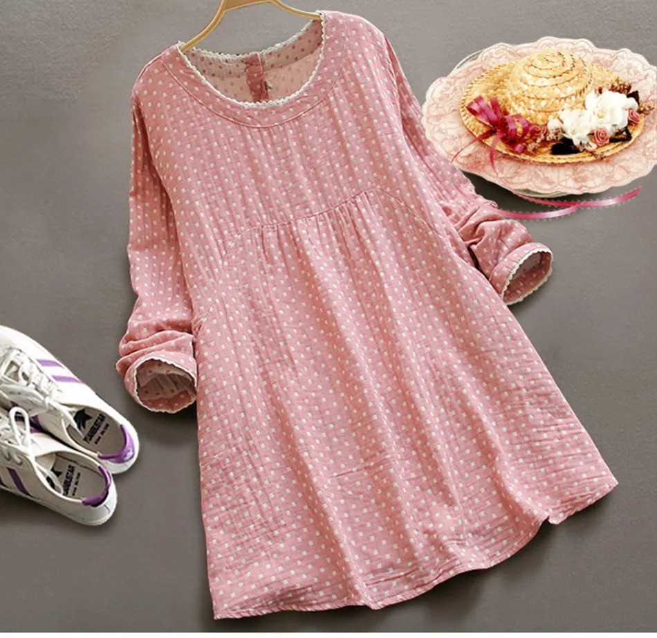 

Autumn New Women's Large Size Dress Cotton and Linen Women's Polka Dot Round Neck Dress Casual Cute Long-sleeved Dress