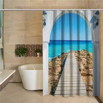 

Coastal 3D Printed Shower Curtain View from an Open Window Curve on The Sea with a Quay Wooden Coastline Hotel Quality Machine