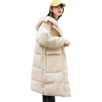 

Korean Style Winter Jacket Women Hooded With Two Big Pockets Solid Female Long Parka Padded Warm Coat