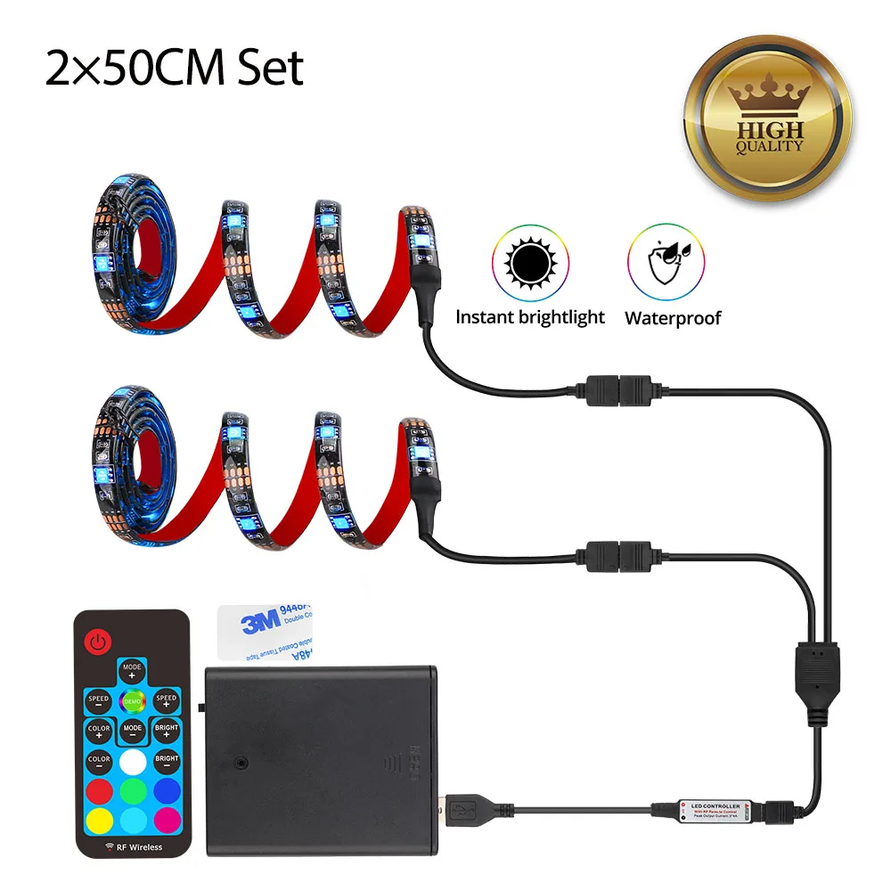 2 X 50CM 5V Светодиодная лента на батарейках 5050 USB Гибкий ТВ Настольный экран фоновое освещение с RF 17Key пульт дистанционного управления Водонепроницаемый - Испускаемый цвет: 2 X 50CM