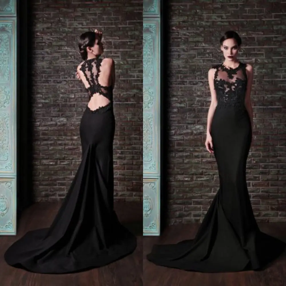 

Sexy backless robe de soiree Mermaid Prom gown 2018 Elegant Black Appliques Sleeveless O Neck Court Train bridesmaid dresses