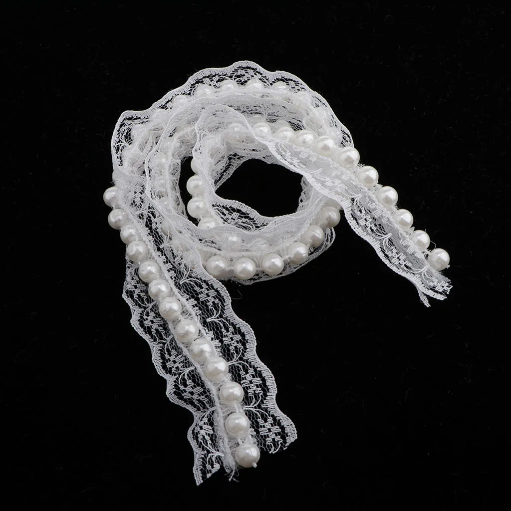 White Pearl Embroidered Lace Trim Ribbon for Dress Skirt Sewing Crafts Decor