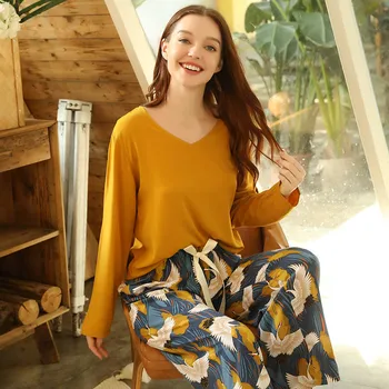 

Women Loose Thin Pajamas Set Elegant Crane Printed Ladies 2PCS Sleepwear Sexy V-Collar Top Femme Comfort Homewear Casual Wear