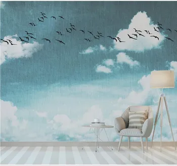 

Custom 3D wallpaper Nordic simple blue sky white clouds bird bedroom wall decoration - high-grade waterproof material