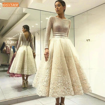 

Romantic Boho Weeding Dress Long Sleeves 2020 Tulle Netting Lace Applique Garden Weeding Gowns Backless Tea Length Bride Dresses