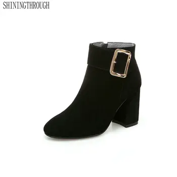 

2020 Suede Leather Women Ankle Boots Zipper Winter Boots Square High Heel Round Toe Women Shoes Boots Big Size 34-43