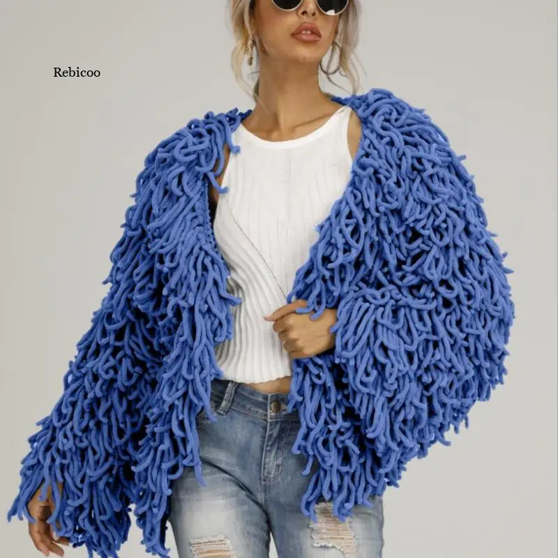 Women Sweater Coat Coarse Yarn Knitted Wool Tassels Crocheted Fuzzy Women  Cardigan Fringed Hooked Jacket Pullovers Ol Tops New - AliExpress