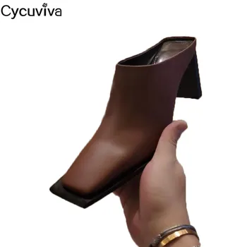 

New Square Toe Block Heels Slippers Women Brown Real Leather Mules Ladies Slides Runway Triangle Solid Chunky Heels Shoes Woman