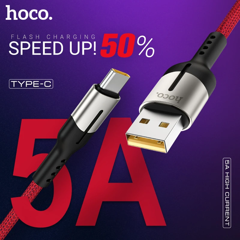 

hoco 5a usb type c cable android charger usb c wire for Huawei Oppo One plus cable 40W 50W charging data sync nylon wire braid