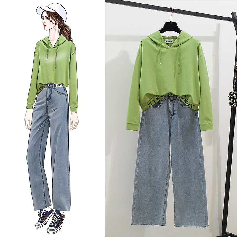 

Photo Shoot 2019 Autumn New Style College Style Avocado Green Hoodie Lettered Hooded T-shirt Cowboy Dad Pants Women's