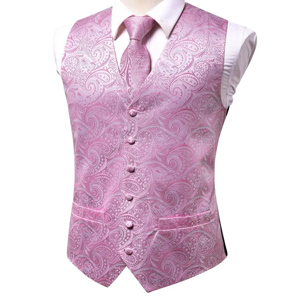 Hi-Tie Silk Mens Suit Vests 4PC Jacquard Waistcoat Tie Hankerchief Cufflinks Set Paisley Floral Blue Navy Pink Red Green Gold men blazer