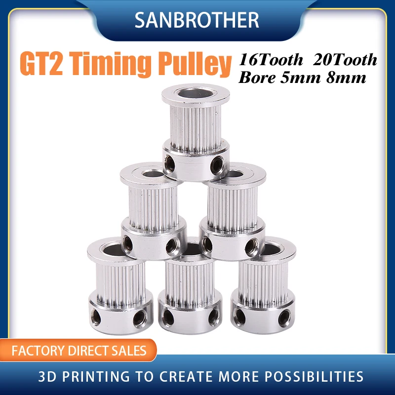 GT2 Pulley 16/20 tooth Bore 5mm 6.35mm 8mm teeth Timing Gear Alumium For 2GT belt Width 6mm 10mm 15mm For 3D printer parts