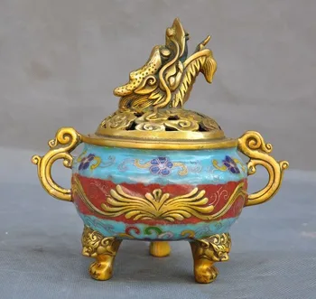 

wedding decoration 6" China bronze Cloisonne Enamel Gilt Dragon head statue Incense Burner censer