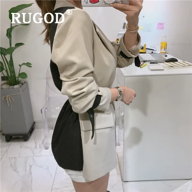 RUGOD, новое осеннее поступление, женские блейзеры, узкая куртка в стиле пэчворк с поясом, модное женское элегантное темпераментное пальто