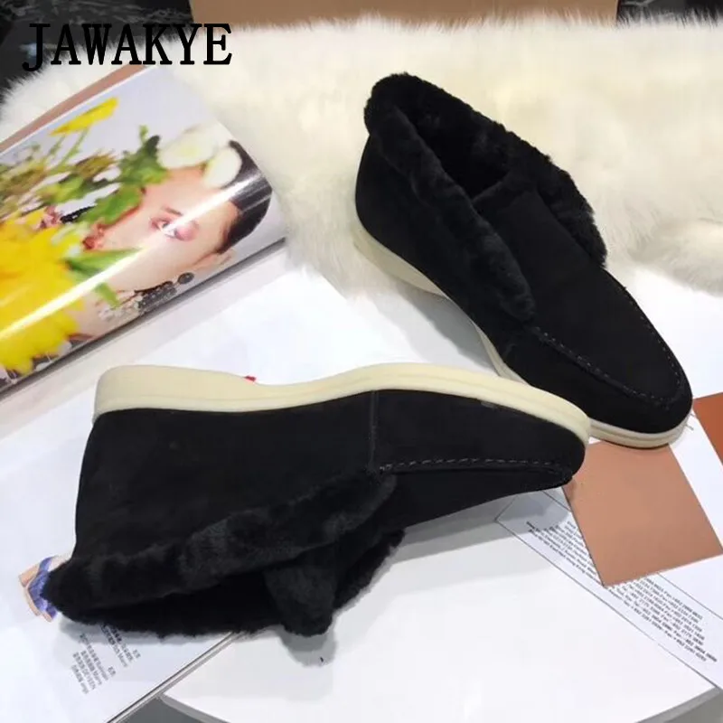 New Natural Wool Women Snow Boots Top Quality Winter Flat Shoes Slip On Runway Boots Warm Cozy Smooth Suede Short Botas Mujer