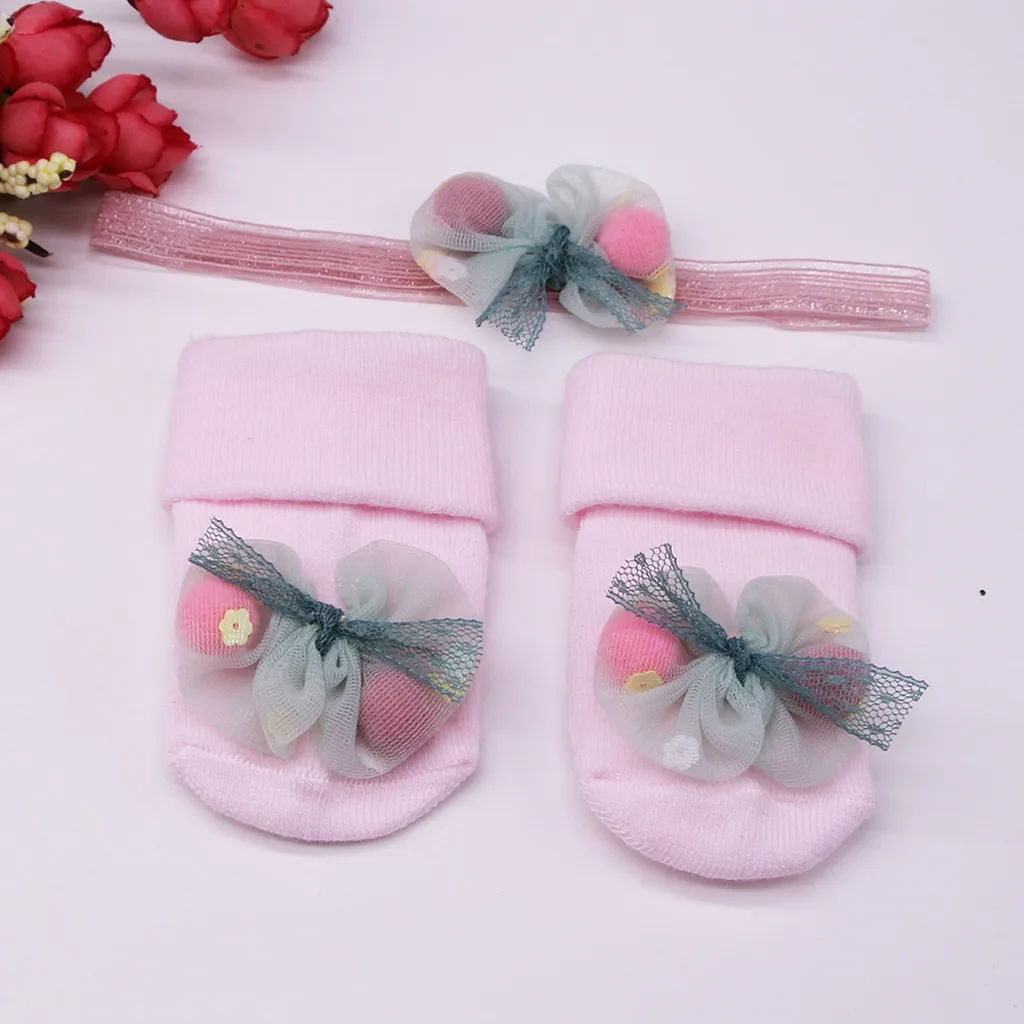 Милые носки для маленьких девочек, детские носки+ пояс для волос, детские Нескользящие носки с кружевной аппликацией, махровые носки, розовые/серые/бежевые