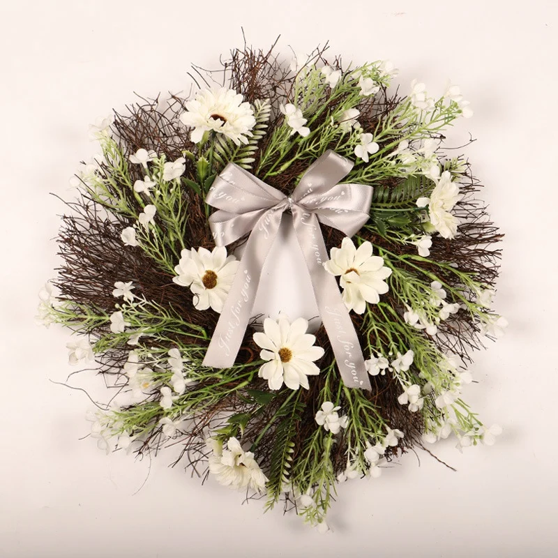 

1PC Rattan Artificial Flower Garland With Ribbon Bow Handmade Vintage Front Door Wreath For Home Wedding Party Holiday Decor