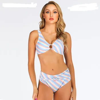 

Bikini 2019 High Waist Suit Swimsuit Women Push Up Biquini Suit Two Piece Bandage Bikini Striped Bikinis 2018 Mujer Eachwear