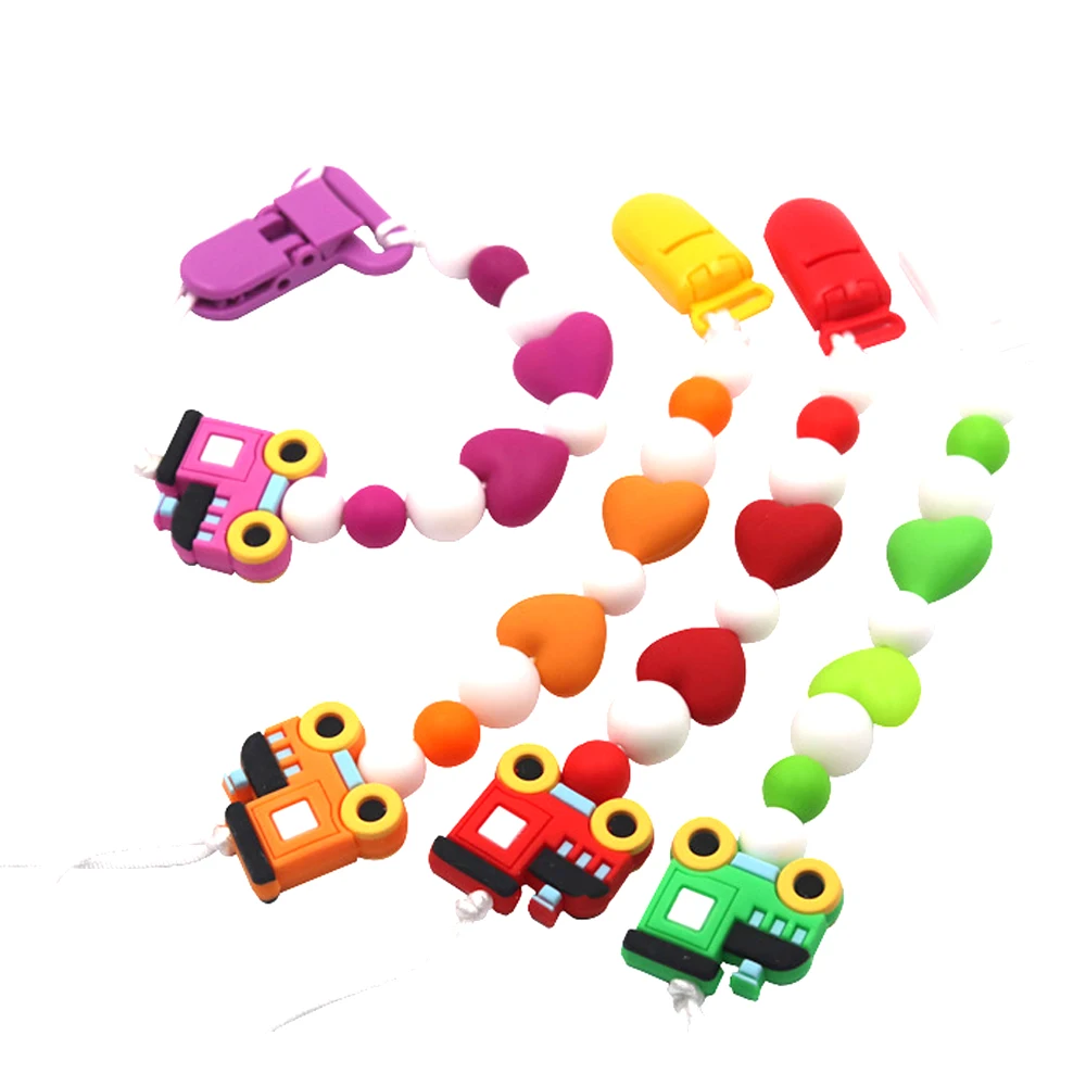 

Tractor Shape Pacifier Chain Baby Teething BPA Free Food Grade Silicone Teether With Clip Heart Shpe Silicone Beads