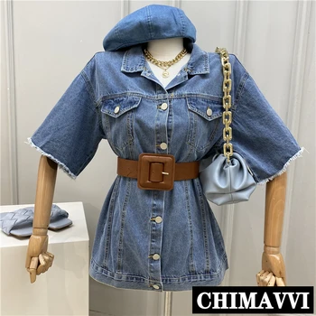 

With Belt 2020 Summer Back Printed Letter Loose BF Wind Short Sleeve Retro Burr Jeans Coat Slim Blue Denim Shirts Slim Jackets