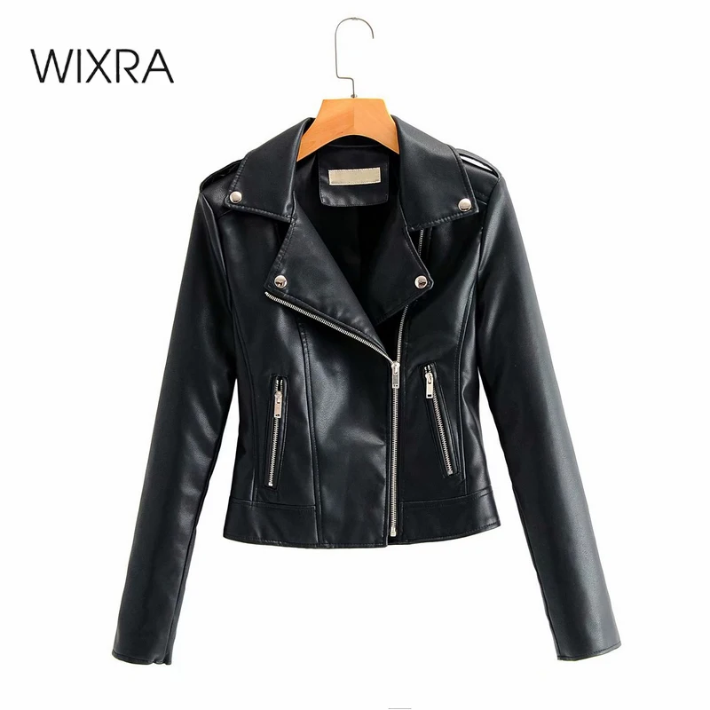 

Wixra Autumn Short Soft Faux Leather Jacket Womens Classic Zipper Motorcycle PU Street Coat For Female