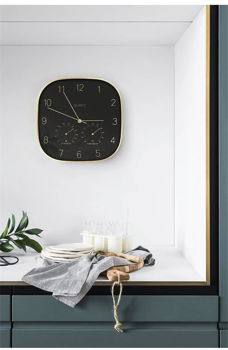 Тихий Кварцевый Металл настенные часы с термометром гигрометр тихий сканирования движения не тикающее художественное украшение для дома новые дизайнерские часы