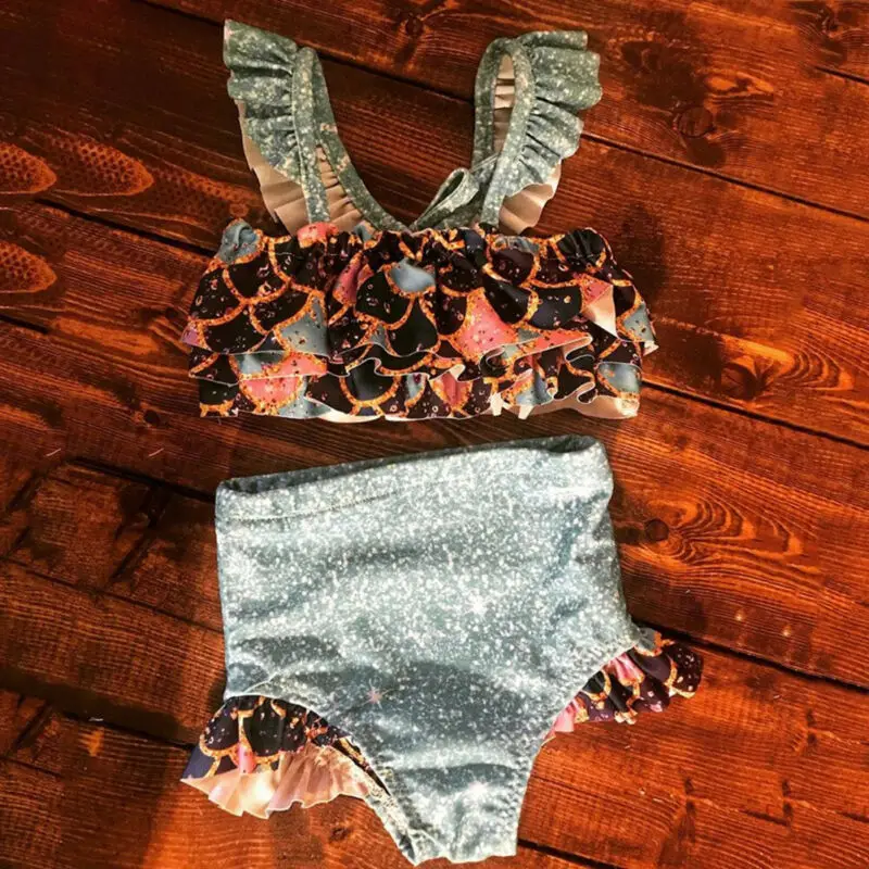 Summer Kids Girl Fish Scale Print Bikinis Sets Ruffles Crop Tops+Shorts 2Pcs Fashion Children Girl Swimwear Bathing Suits