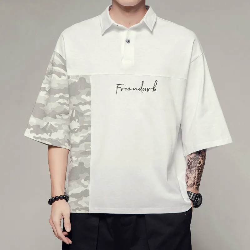 

2020 Summer Japanese Camouflage Stitching Letter Five-point Sleeve Polo Shirt Male Lapel Short-sleeved Fat Tide Card Mens Polo