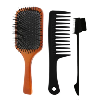 

3PCS Wooden Hair Brush Scalp Massage Improve Hair Health Wood Paddle Detangling Comb Large Tooth Comb Eyebrow Brush