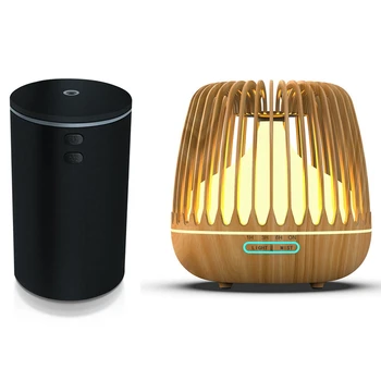 

NEW-100ML Car Air Humidifier Electric Ultrasonic USB Purifier Wood Grain & 500ML Aroma Essential Oil Diffuser EU Plug