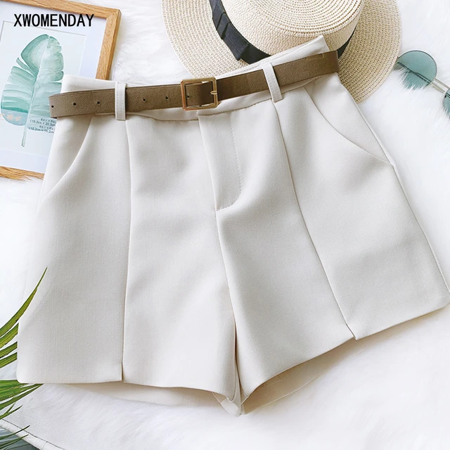 Shorts de talle alto mujeres clásico Primavera Verano coreano negro blanco suelto pantalones Mini Short cinturón ancho Oficina ropa de moda - AliExpress