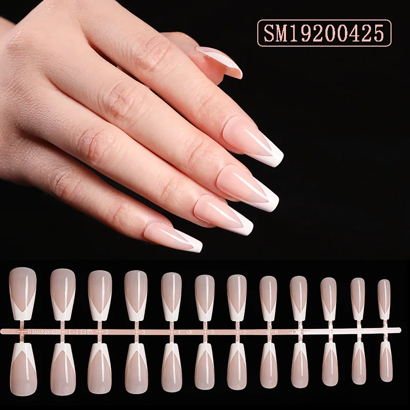 

2020 Summer Long Natural Nude White French Nail Tips False Fake Nails UV Gel Press on Ultra Easy Wear for Home Office Wear