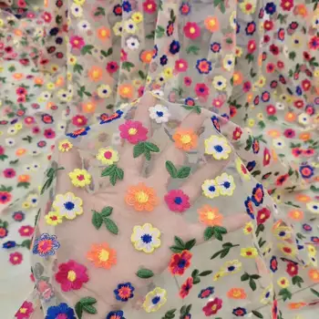

130cm wide White translucent soft cotton colors embroidery small flower mesh lace fabric diy fashion costume dress fabric