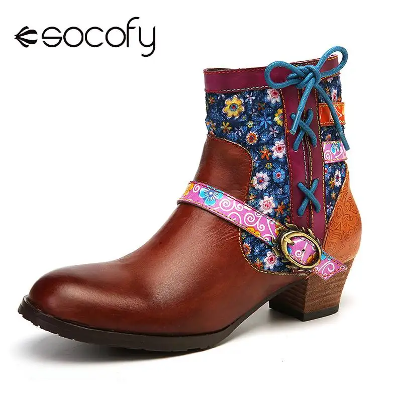 SOCOFY Folkways Small Flowers Genuine Leather Splicing Zipper Low Heel Short Boots Elegant Ladies Shoes Women Botines Mujer 2020 | Обувь