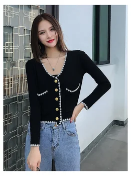 

Autumn 2020 French Fragrance V-neck slim knit cardigan short top autumn design ice Cream T-shirt women long sleeves