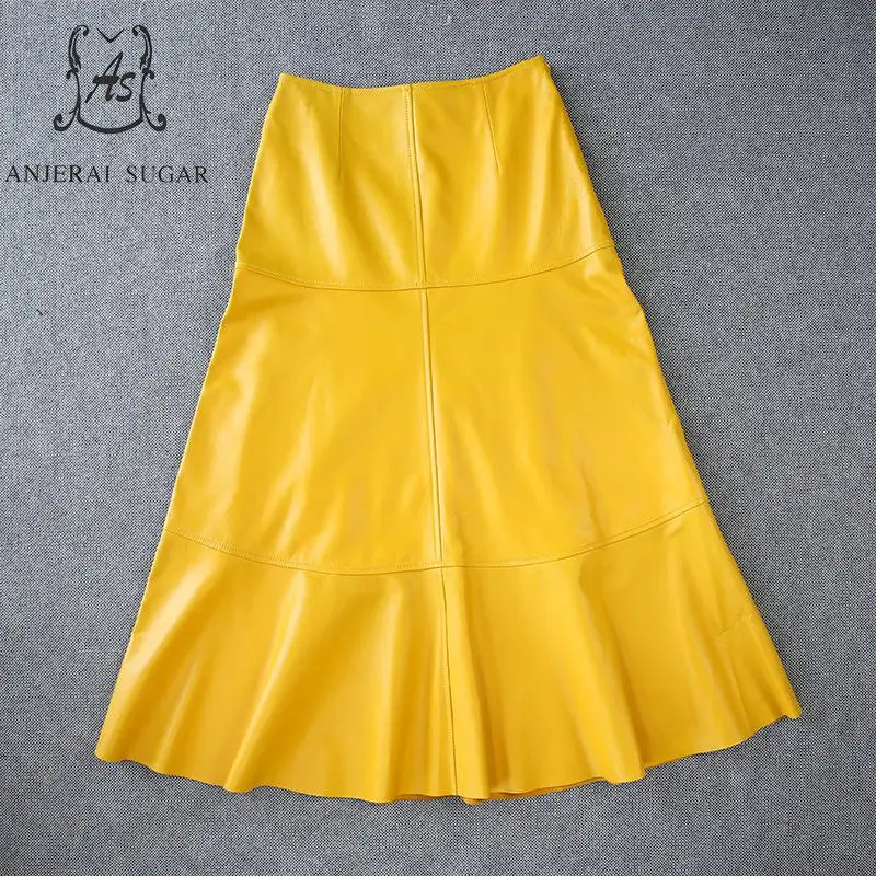 Autumn winter Genuine leather skirts womens yellow High waist Splicing sheepskin dermis OL office A line Super Long Horn Skirt