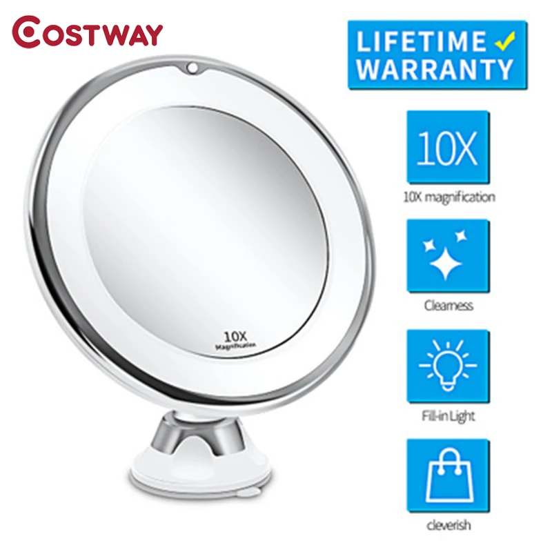

COSTWAY New Led Makeup Mirror Vanity Mirror Make up Grossissant 10X Magnifying Cosmetic Mirrors with Light Droppship & Sucker