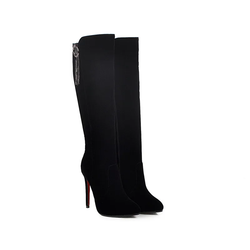 Meotina Winter Knee High Boots Women Boots Fringe Stiletto Heels Long Boots Zip Super High Heel Shoes Lady Autumn Big Size 33-43 - Цвет: Черный