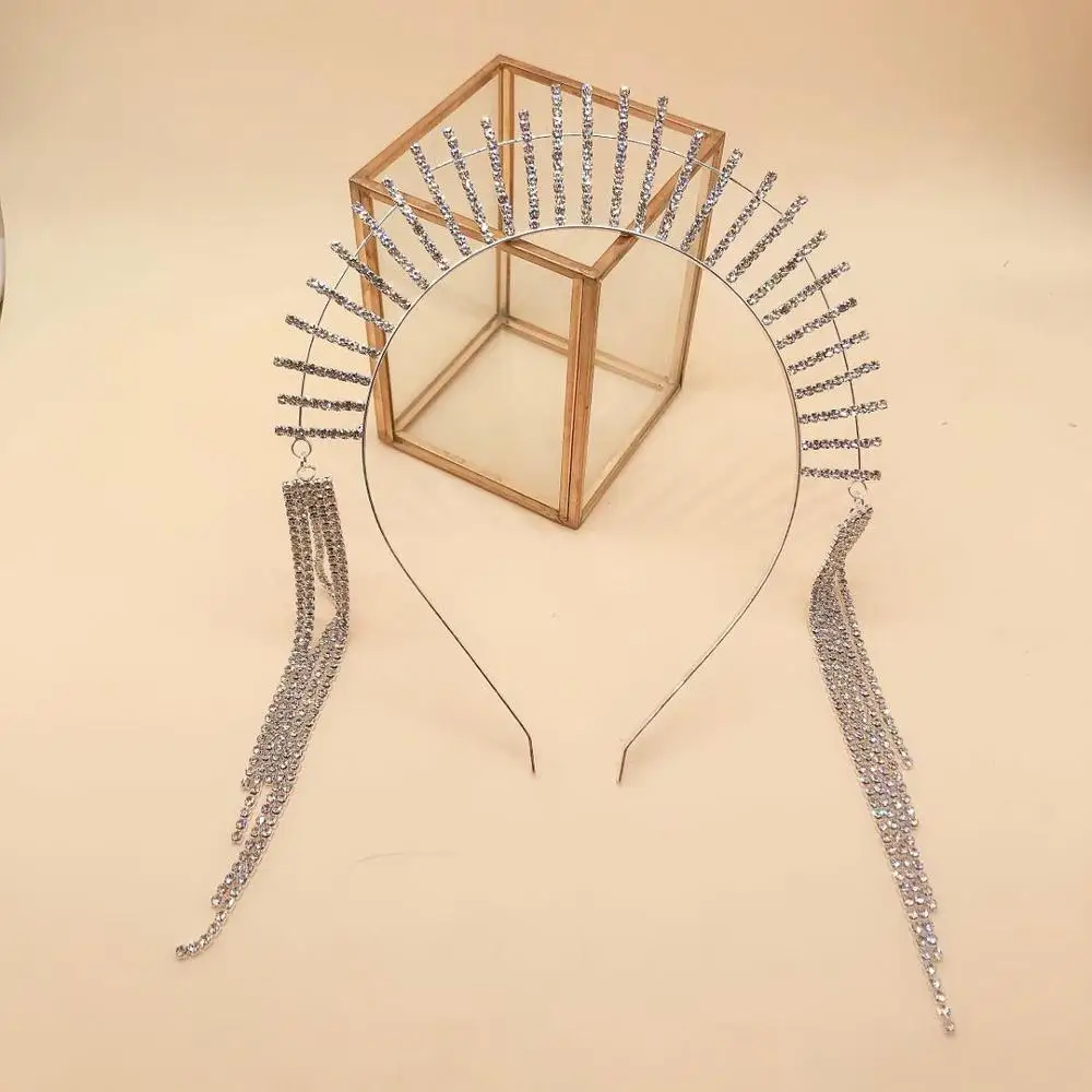 Luxury Rhinestone long tassel hair hoop Wedding Bridal headdress ladies shiny crystal headdress headband crown headdress gift