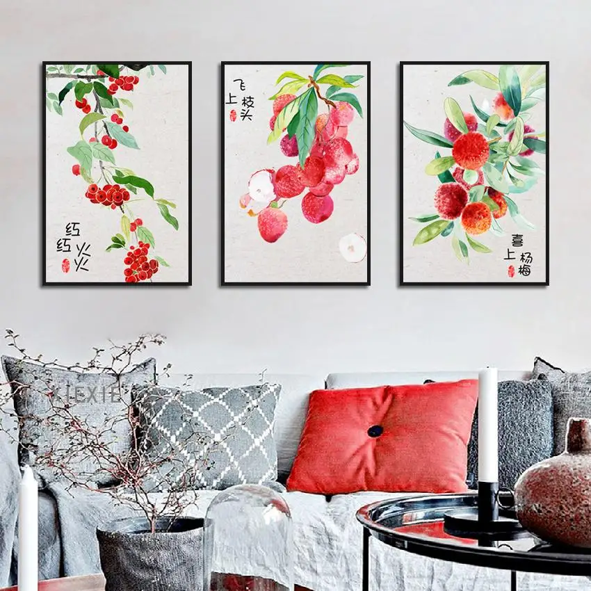 

Modern Chinese Style Hand-Painted Fruit Lychee Bayberry Canvas Wall Art Decorative Painting Scandinavian Home Decor Posters