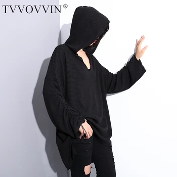 

Loose Black Drawstring Big Size Knitting Sweater Loose Fit Hooded Long Sleeve Women Pullovers New Fashion Tide Spring2020 JH892Q