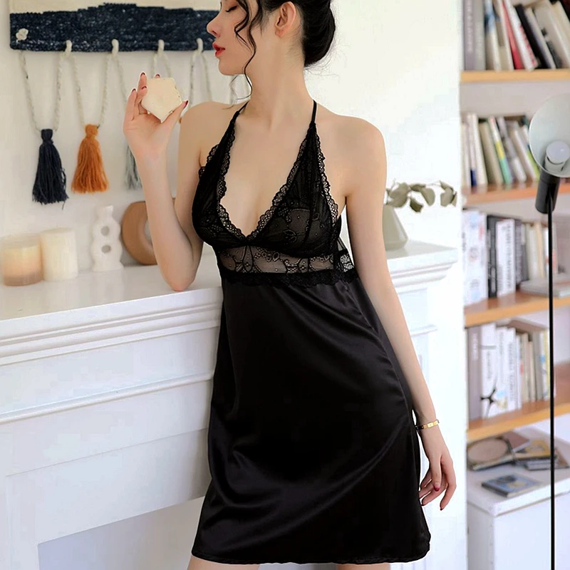 

Womens Clothing Lingerie Dress Sleepshirts Sexy Womens Silk Nightgown Lace Sleepwear Deep V-neck Ropa Sexy Para El Sexo Stain